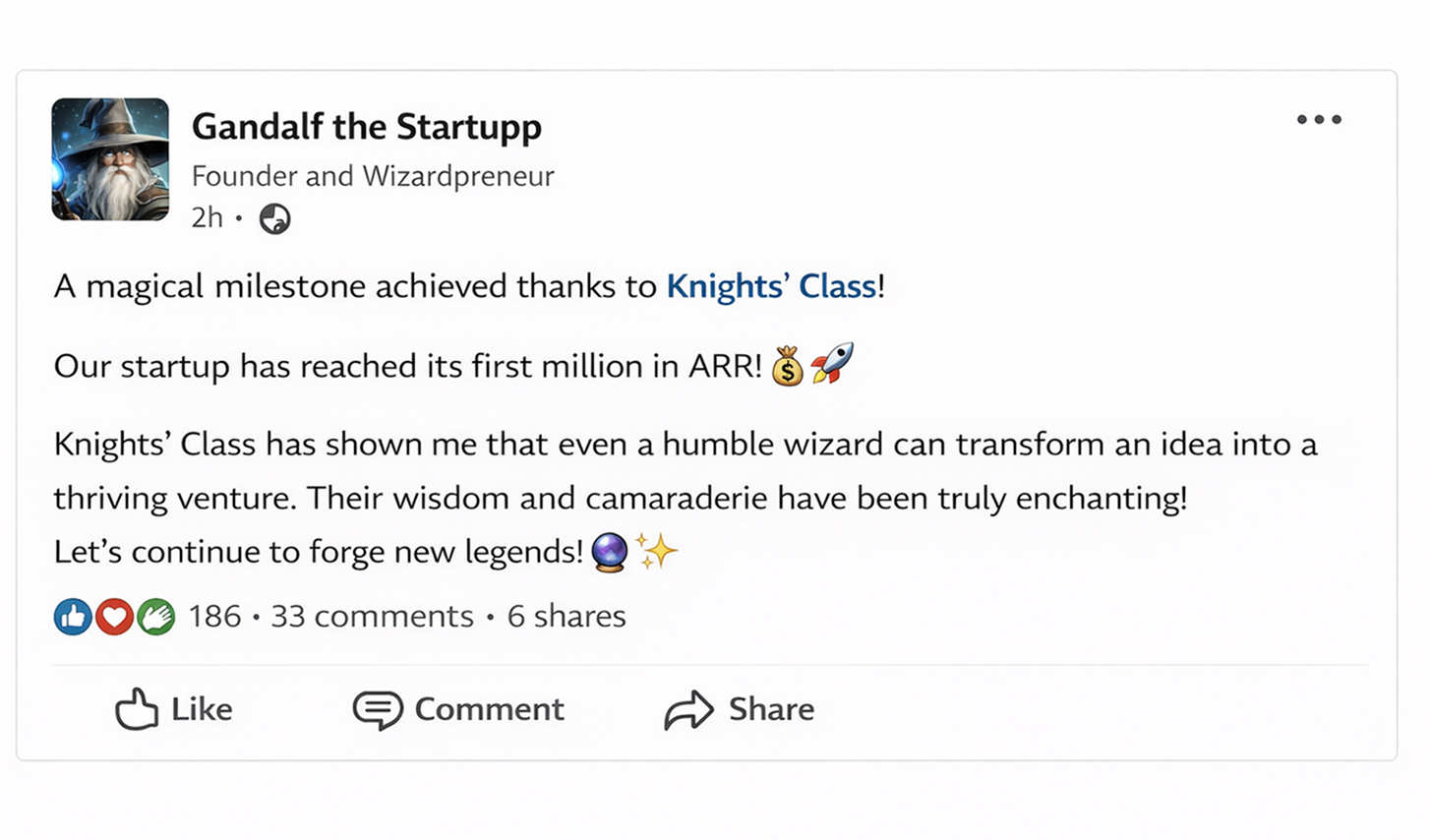 LinkedIn post celebrating first €1M ARR after Knights’ Class